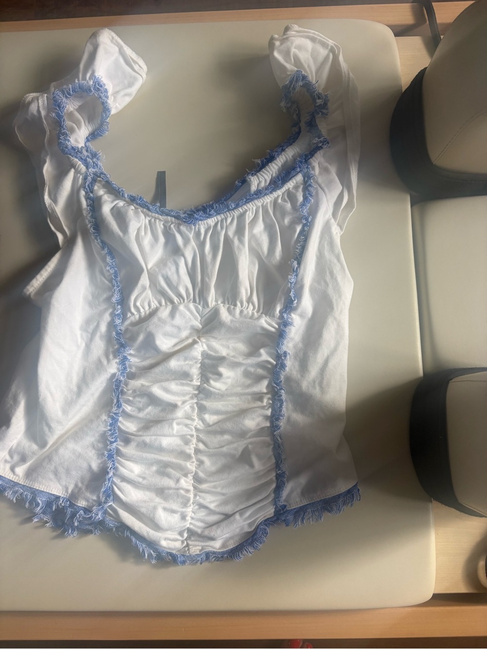Anthropologie White Chemise Top with Light Blue Fringe